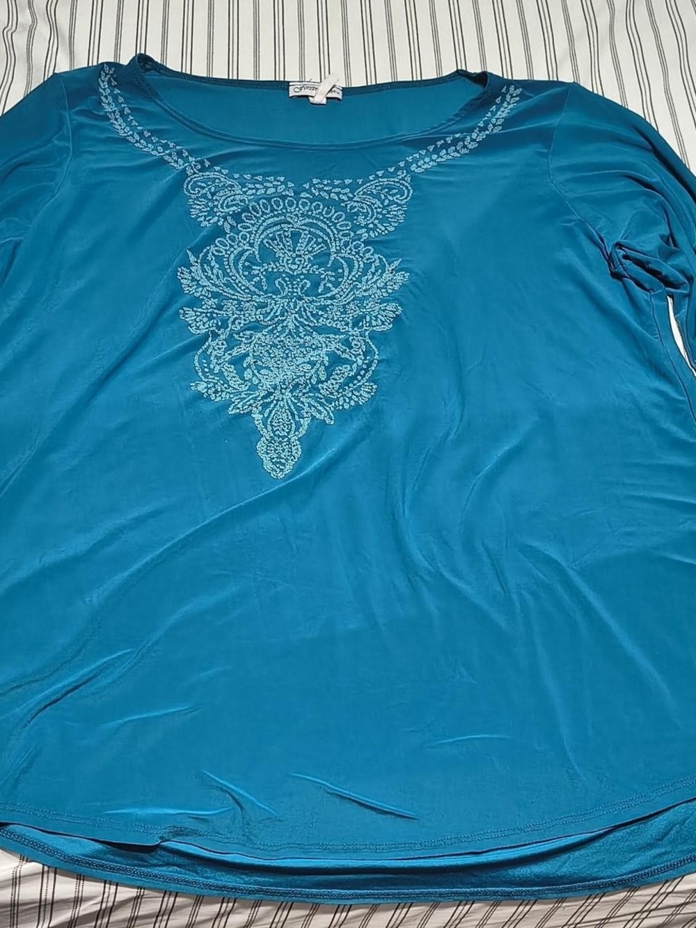 Women’s Teal Long Sleeve Scoop Neck Top with Beaded Front